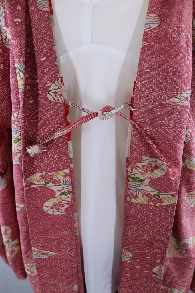 Vintage Silk Kimono Cardigan Jacket / Mauve Pink Floral Print