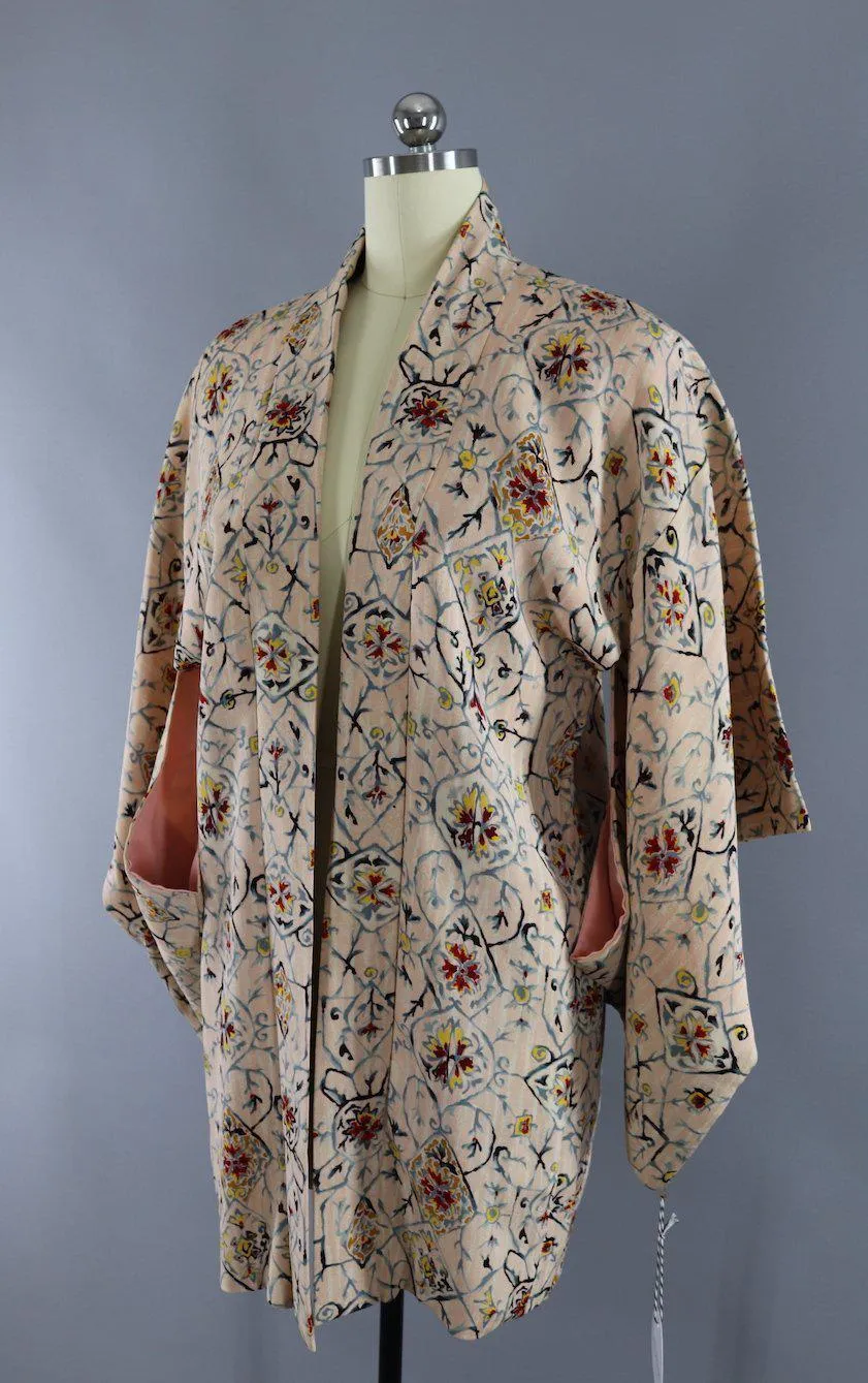 Vintage Silk Kimono Jacket Cardigan / Blush Pink Arabesque