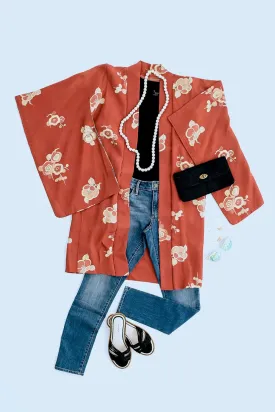Vintage Terra Cotta Silk Kimono Cardigan