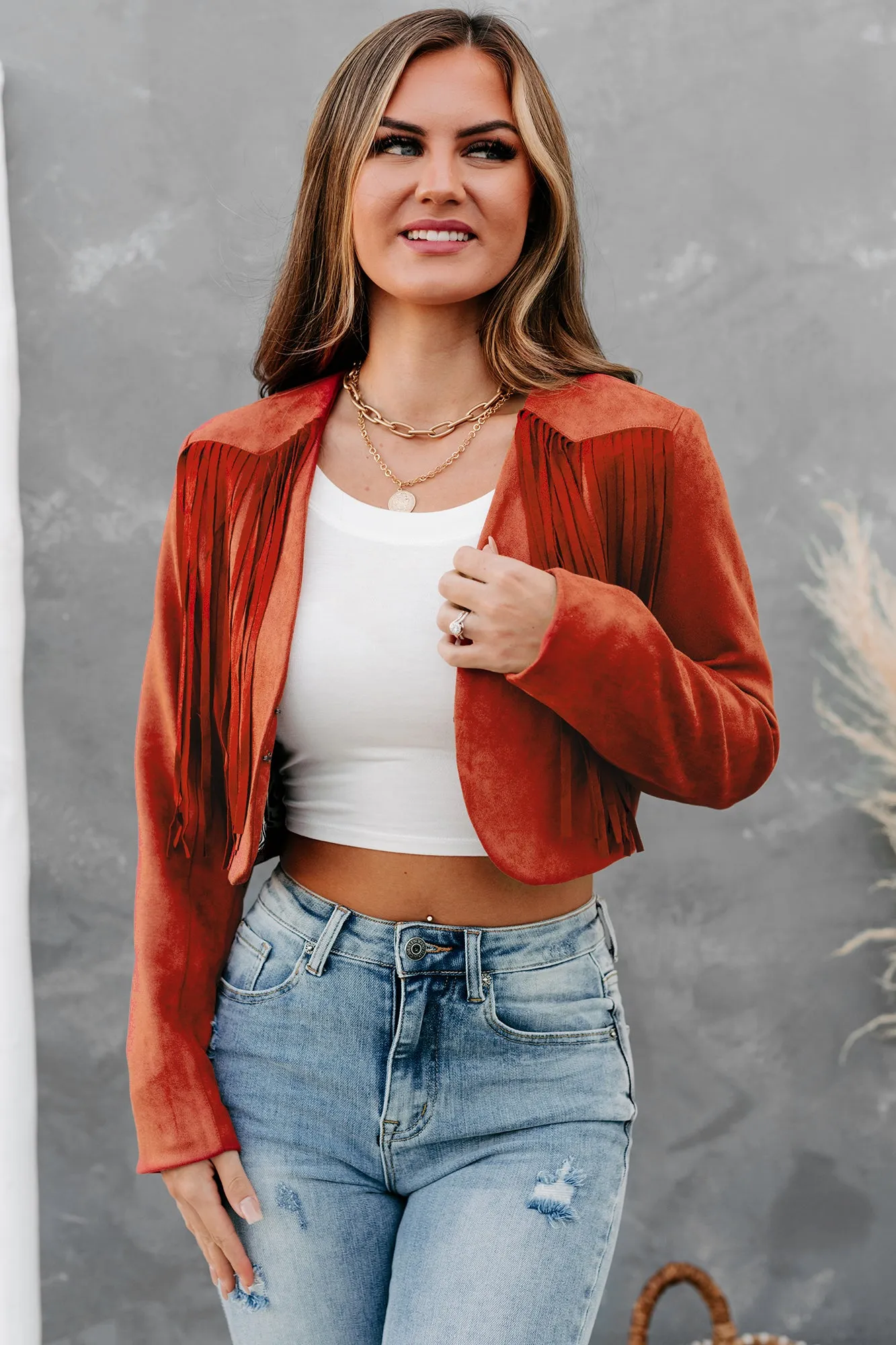 Western Skies Faux Suede Cropped Fringe Jacket (Brick)