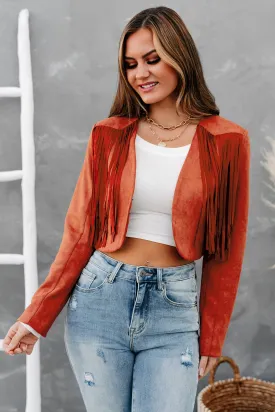 Western Skies Faux Suede Cropped Fringe Jacket (Brick)