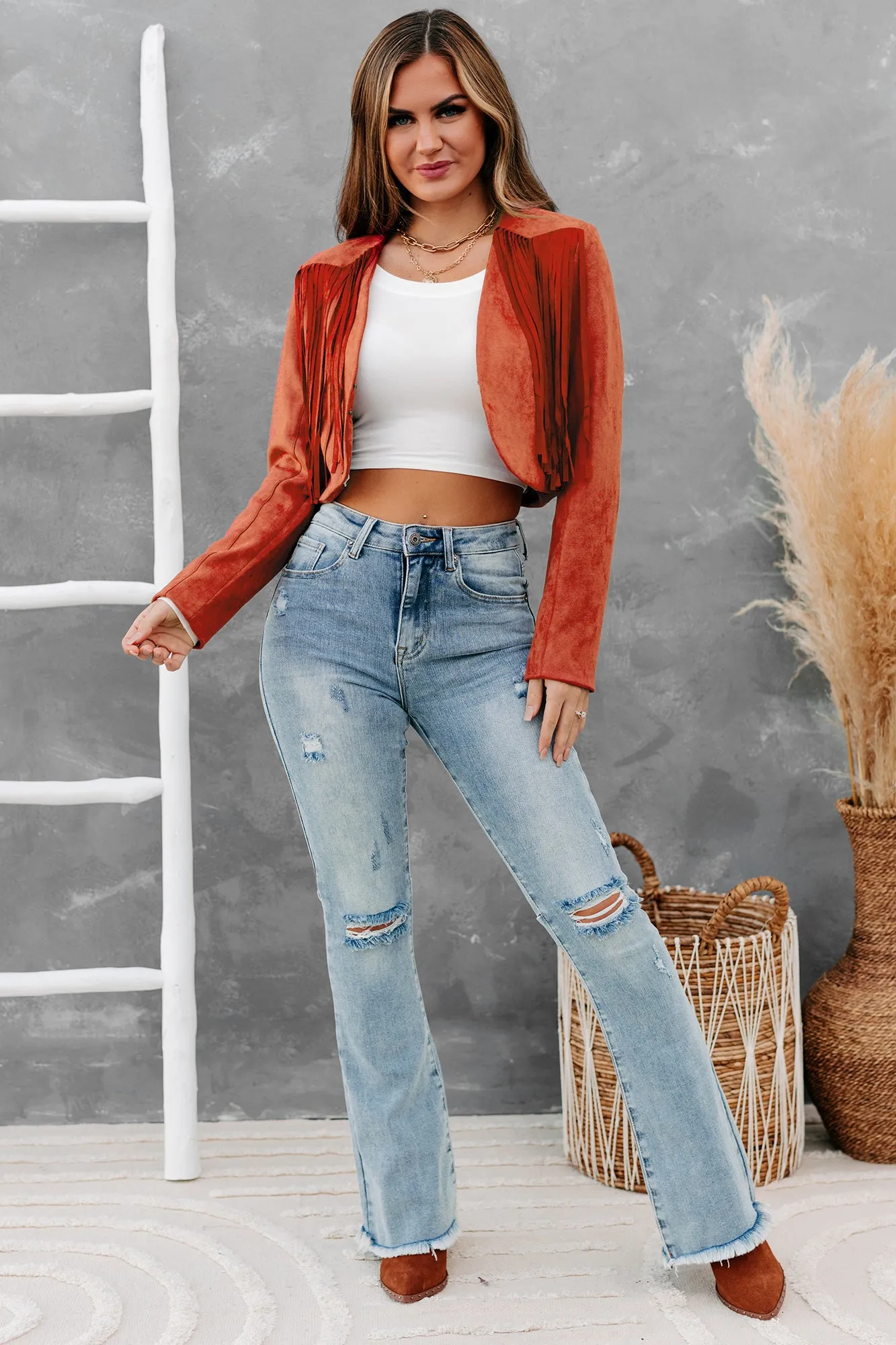 Western Skies Faux Suede Cropped Fringe Jacket (Brick)