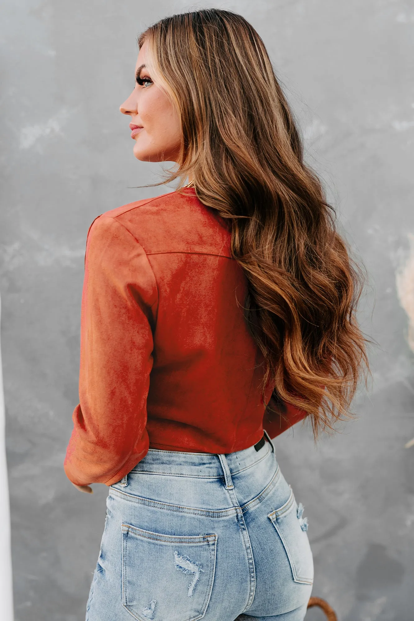 Western Skies Faux Suede Cropped Fringe Jacket (Brick)